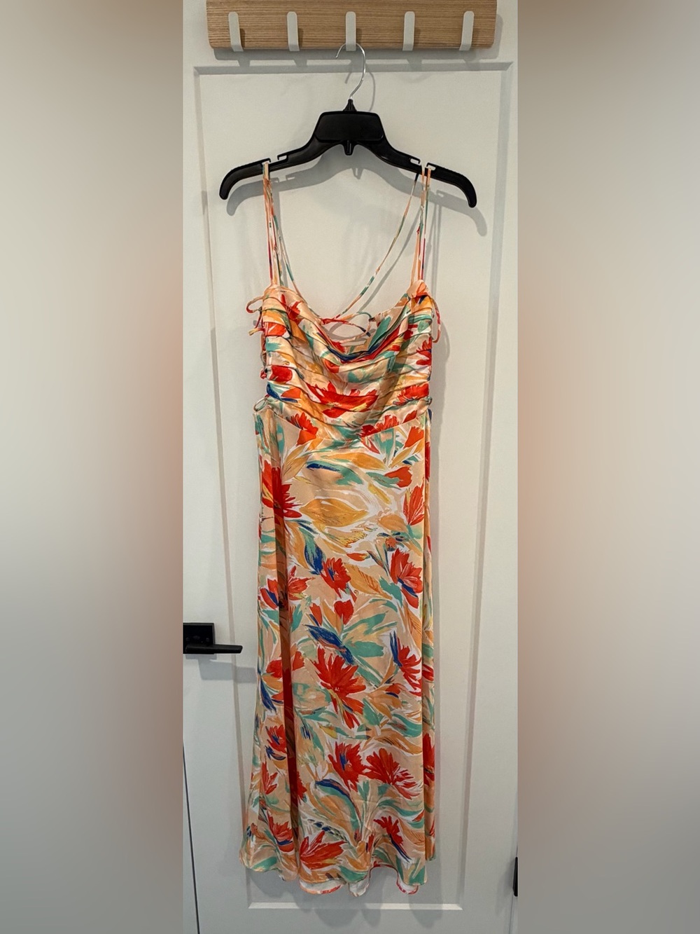 Astr Floral Cowl Midi Dress in Coral, Teal & Peach